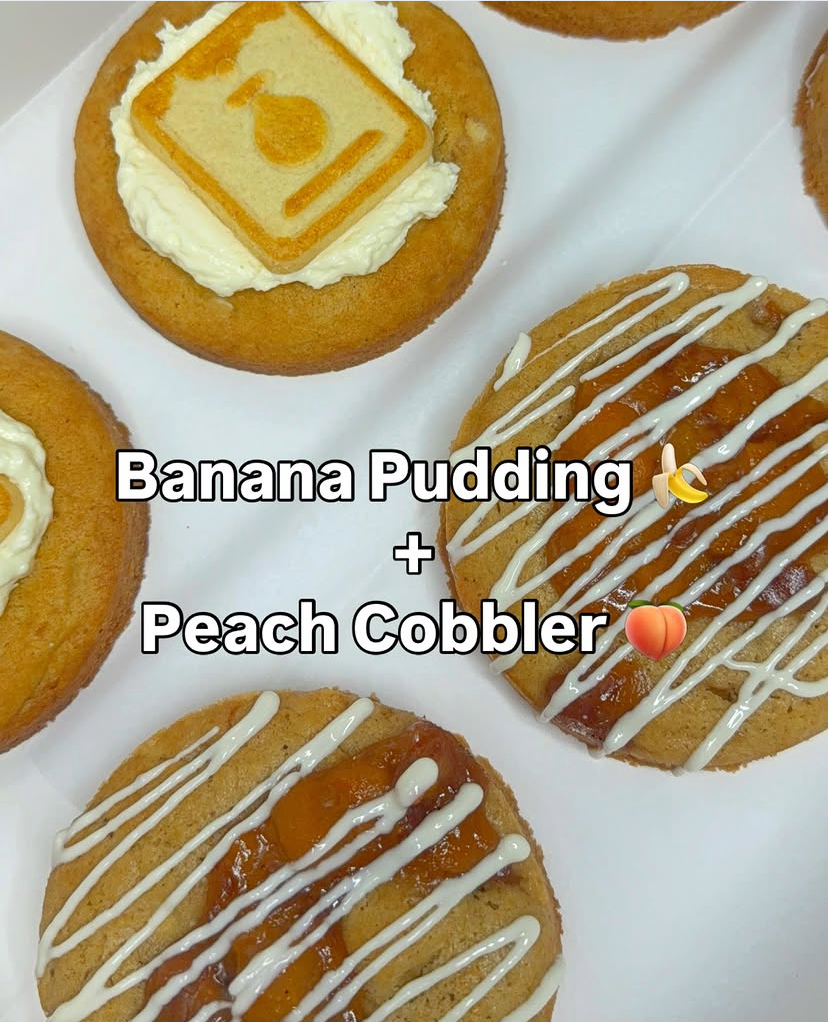 Banana pudding cookies with Nilla wafer and peach cobbler cookies with icing drizzle