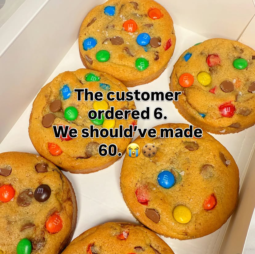 Box of M&M chocolate chip cookies with flaky sea salt