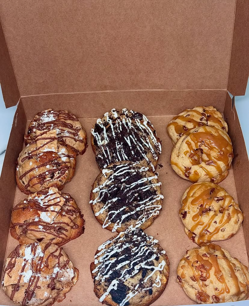 Dozen box with s'mores, cookies n cream and pecan praline cookies