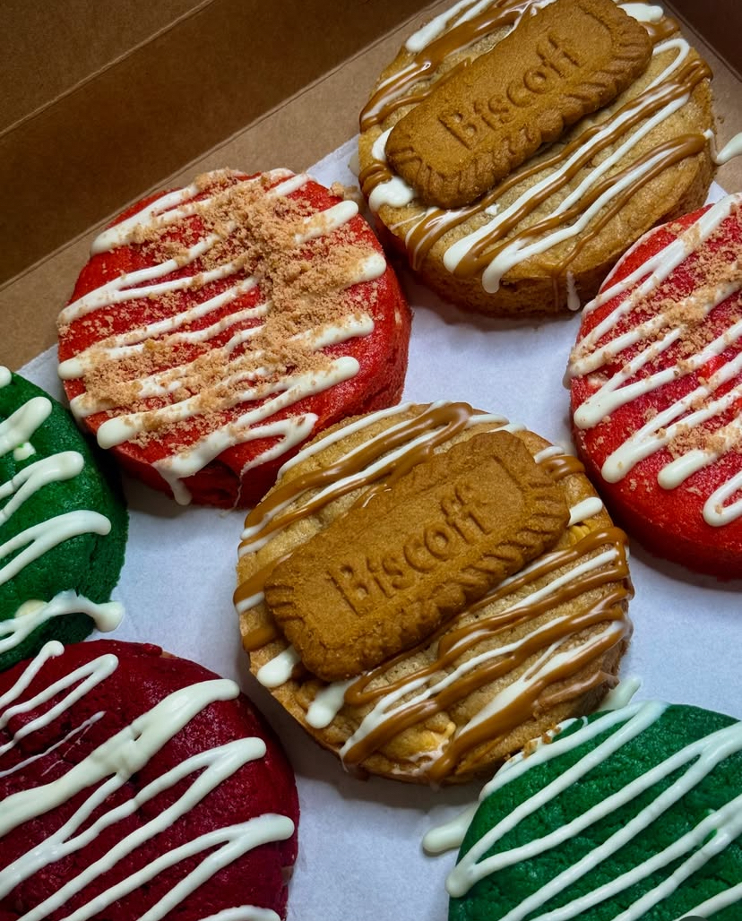 Red velvet, Biscoff and matcha cookies in a kraft box